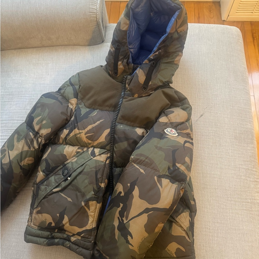 Moncler Blue and Camouflage Hooded Puffer Jacket